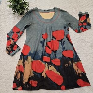 Radzoli Gray Red Floral Watercolor Abstract Swing Dress, Size Medium
